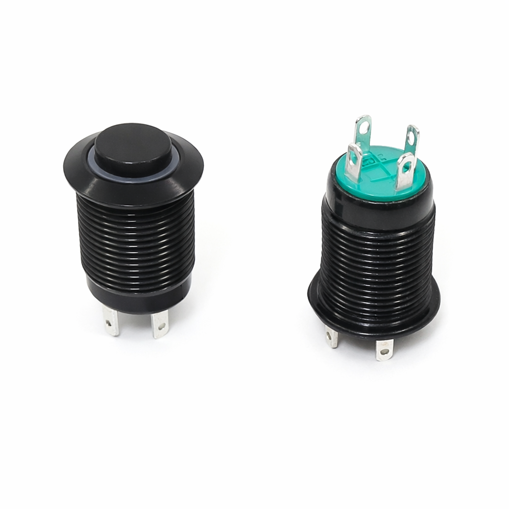 Công Tắc 12mm Kim Loại Vỏ Đen Đầu Cao – Chân Hàn Dây | 12V–24V | IP65