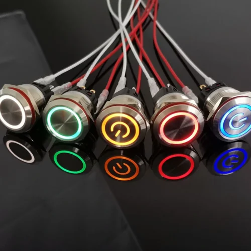 Công tắc LED tròn 16mm kim loại siêu ngắn đầu cao 12V 24V Có giắc,Nhấn khóa/ Xanh dương
