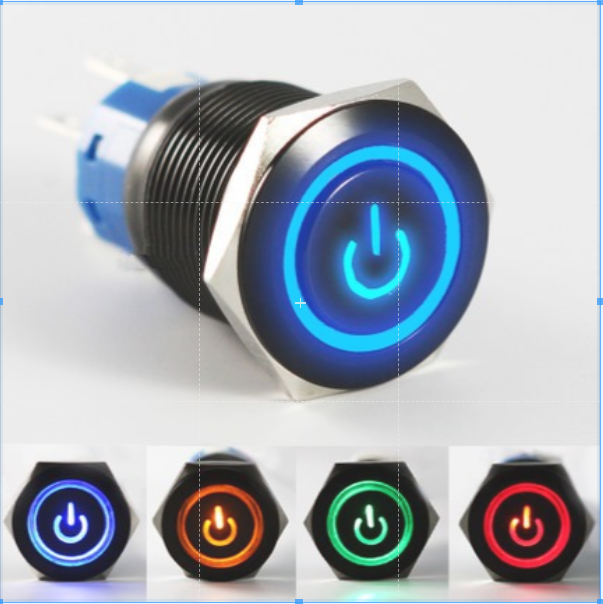 Công tắc nút nhấn kim loại 19mm LED hình nguồn – Nhấn khóa 10A