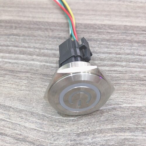 Công tắc kim loại LED 30mm hình nguồn nhấn khóa 12V 24V có giắc cắm- Xanh dương