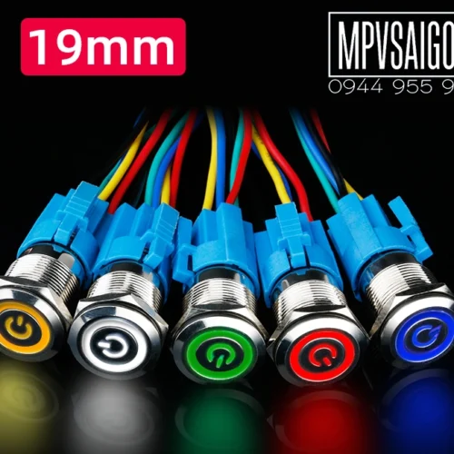 Công tắc kim loại LED 19mm hình nguồn 12V 24VNhấn khóa/ Trắng