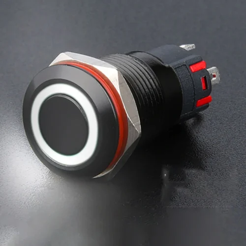 Công tắc 12mm vỏ đen LED tròn chân hàn dây nhấn nhả