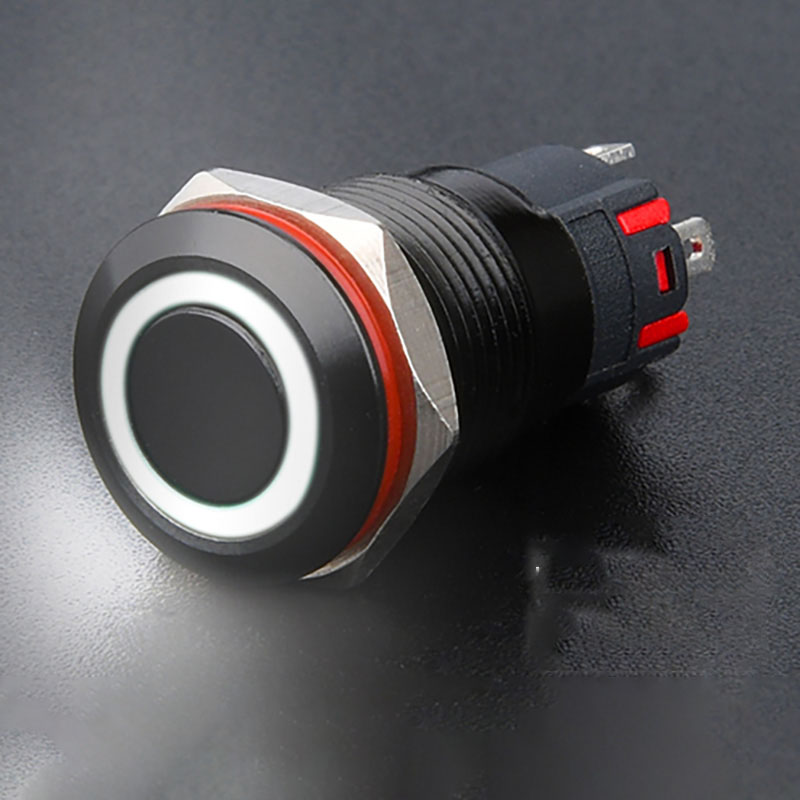 Công tắc kim loại LED 16mm vỏ đen LED hình nguồn 12V 24V Nhấn nhả - Ảnh 3
