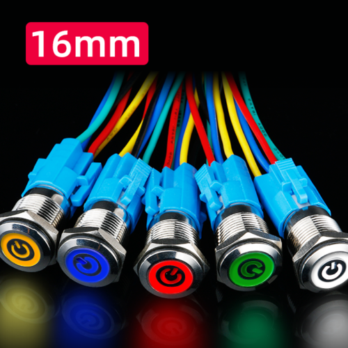 Công tắc kim loại LED 16mm hình nguồn Nhấn khóa