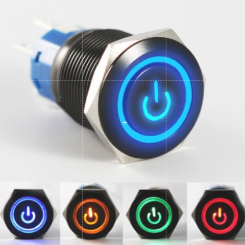 Công tắc kim loại LED 16mm vỏ đen LED hình nguồn 12V 24V Nhấn khóa